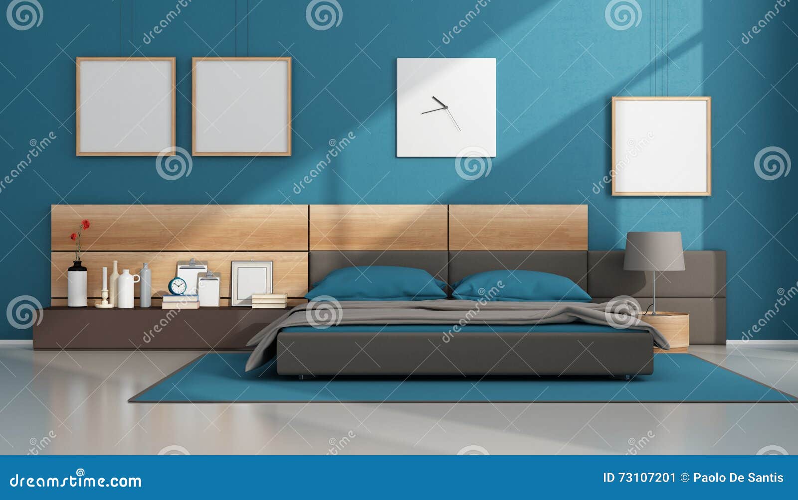Blue contemporary bedroom stock illustration. Illustration of brown