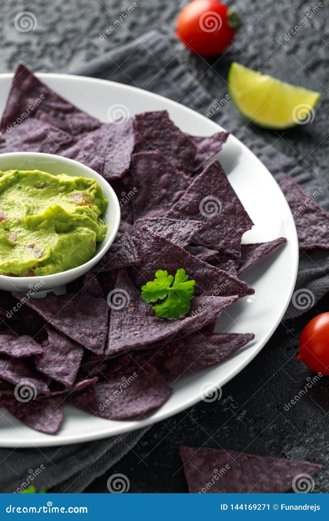 Blue Corn Organic Tortilla Chips with Guacamole Stock Image Image of