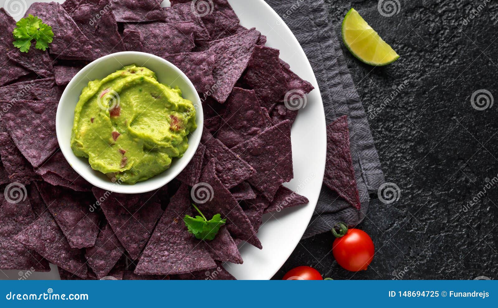 Blue Corn Organic Tortilla Chips with Guacamole Stock Image Image of