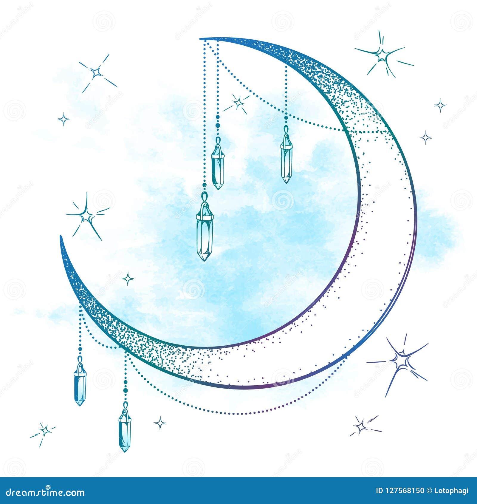 Blue Crescent Moon With Moonstone Gem Pendants And Stars Vector