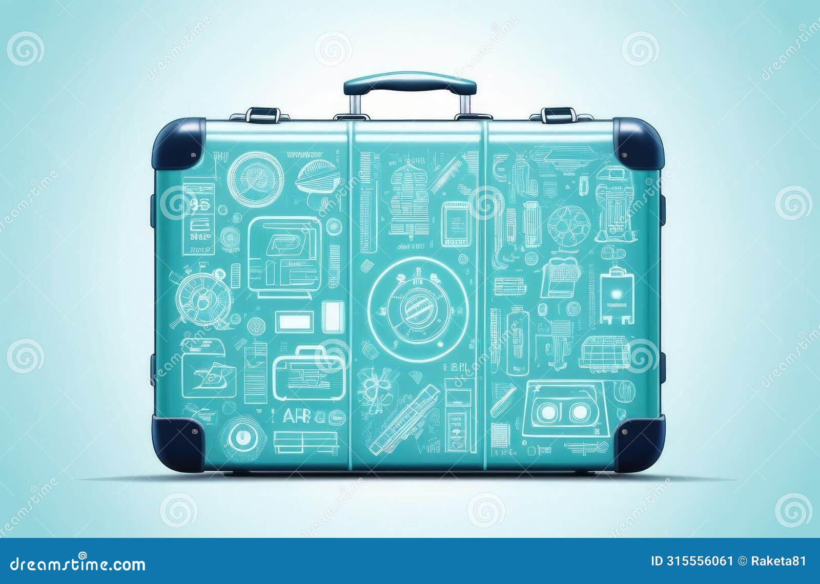 blue cybernetics style suitcase plain background blank text space travel suitcase with pattern