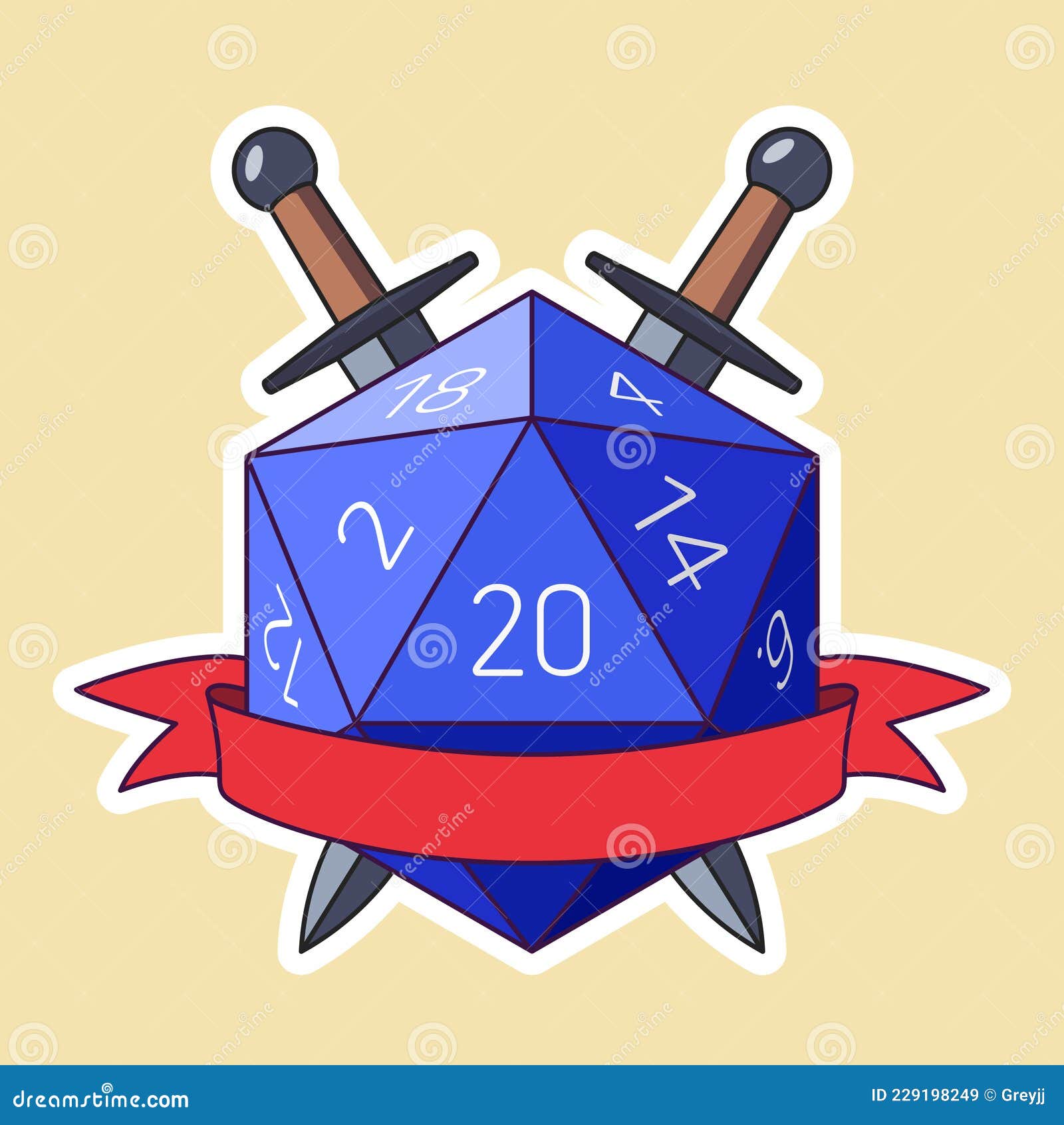 blue d20 die with red ribbon and swords. colored outline style