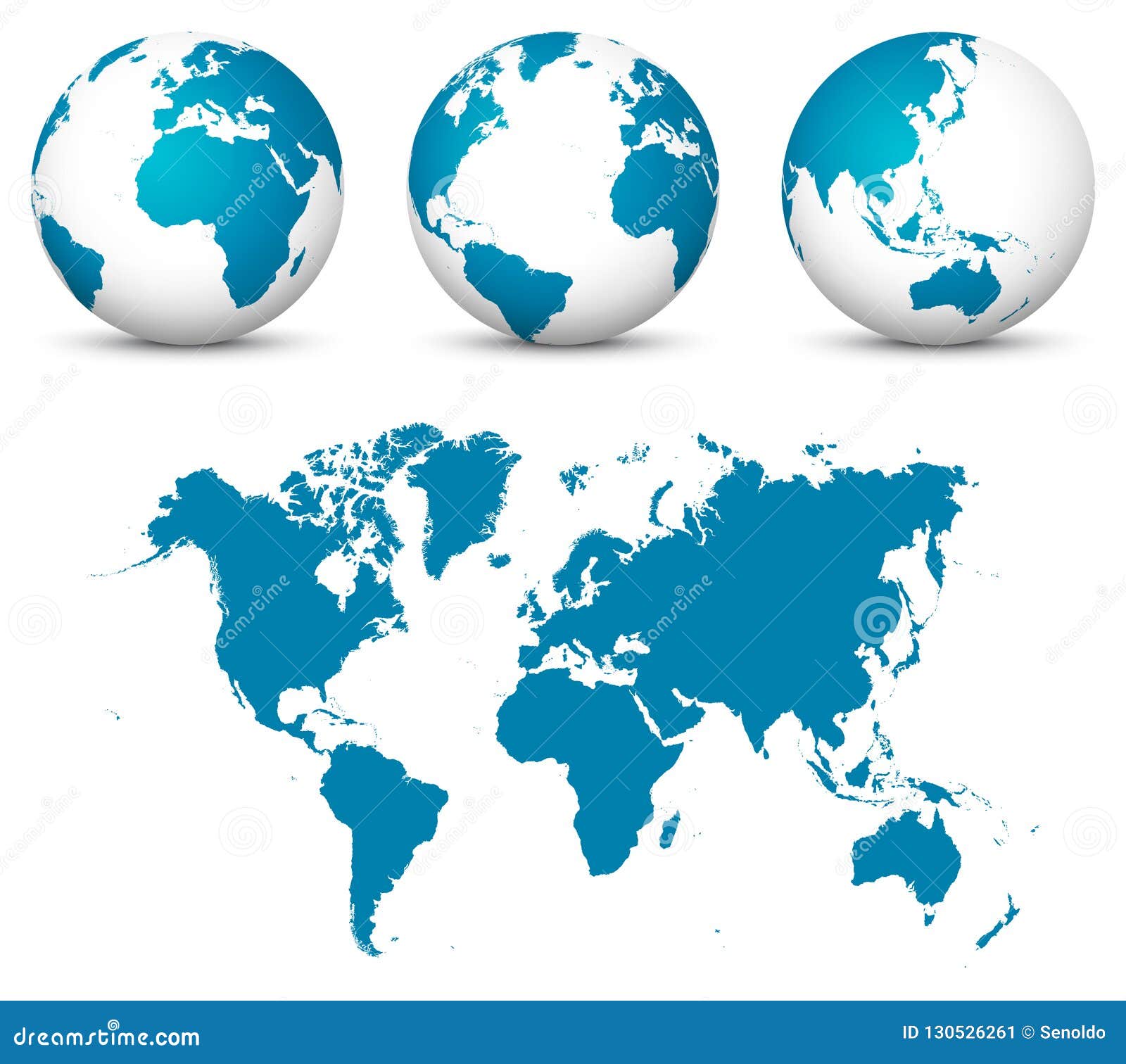 Blue 3D Earth / Globe Set. World Vector Collection with Flat Undistorted 2D  Earth Map in Blue Color Stock Illustration - Illustration of continent,  atlantic: 130526261