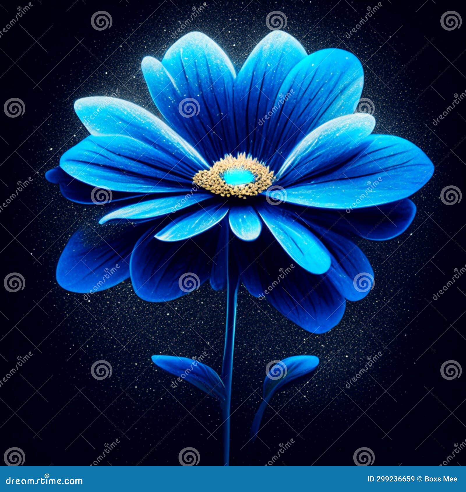 Blue Daisy Flower on Black Background. Hand Drawn Vector Illustration
