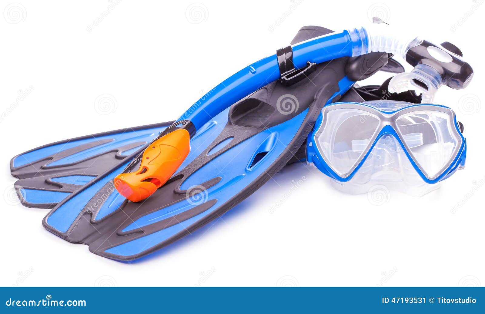 Blue Diving Goggles,snorkel and Flippers. Isolated Stock Image Image