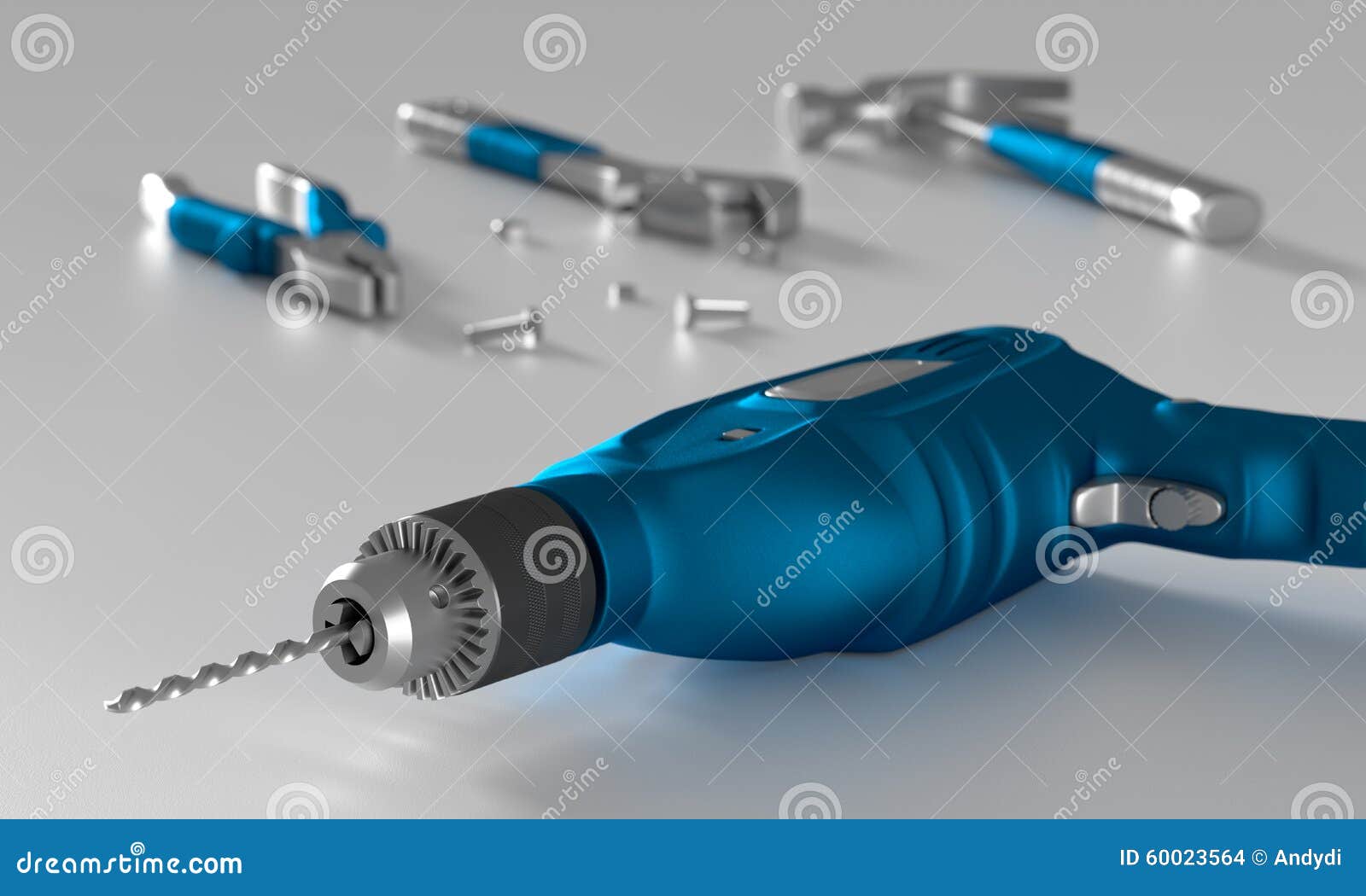 Blue Drill And Construction Tools On White Background Stock Photo
