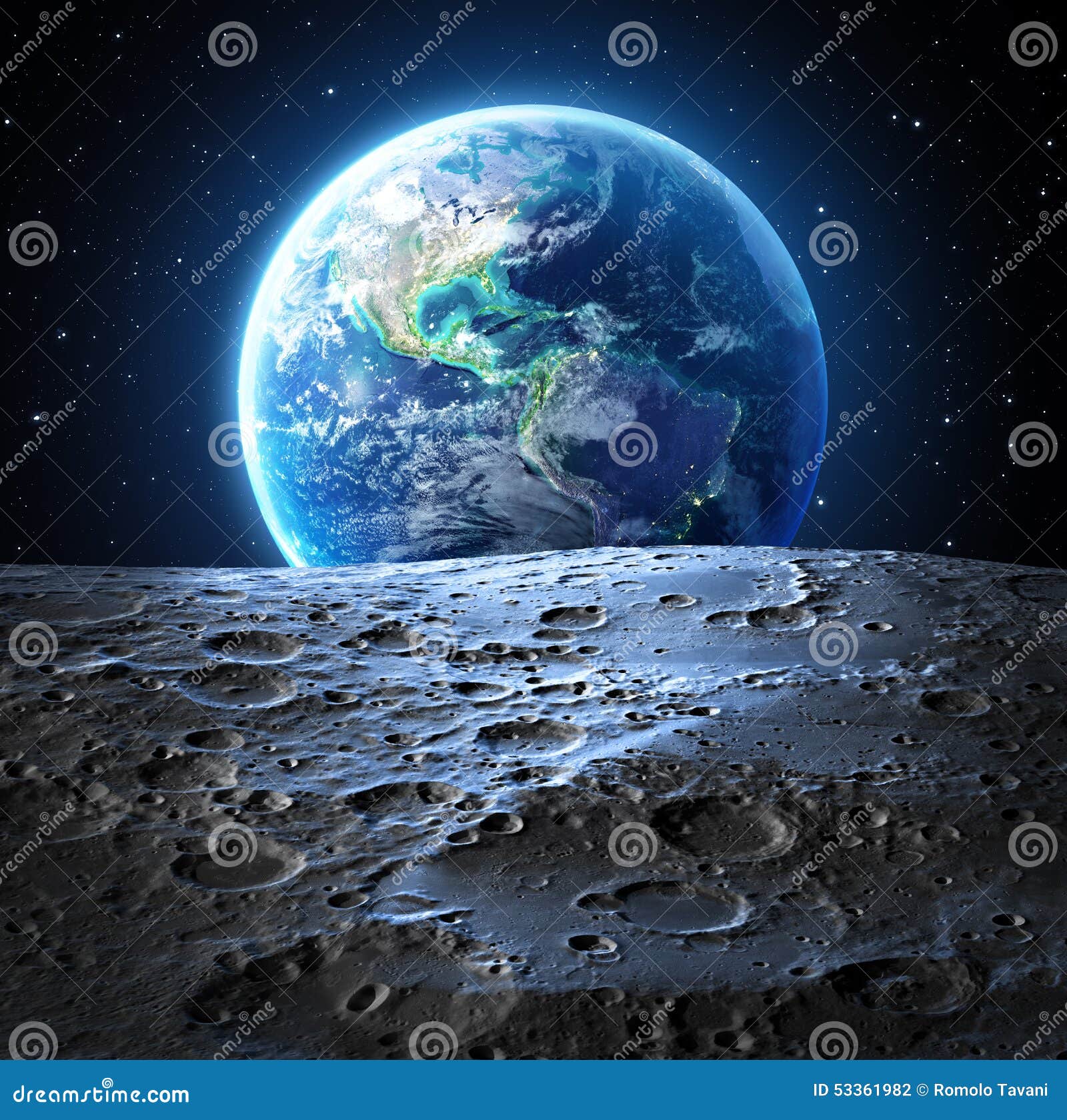 blue earth view from moon surface