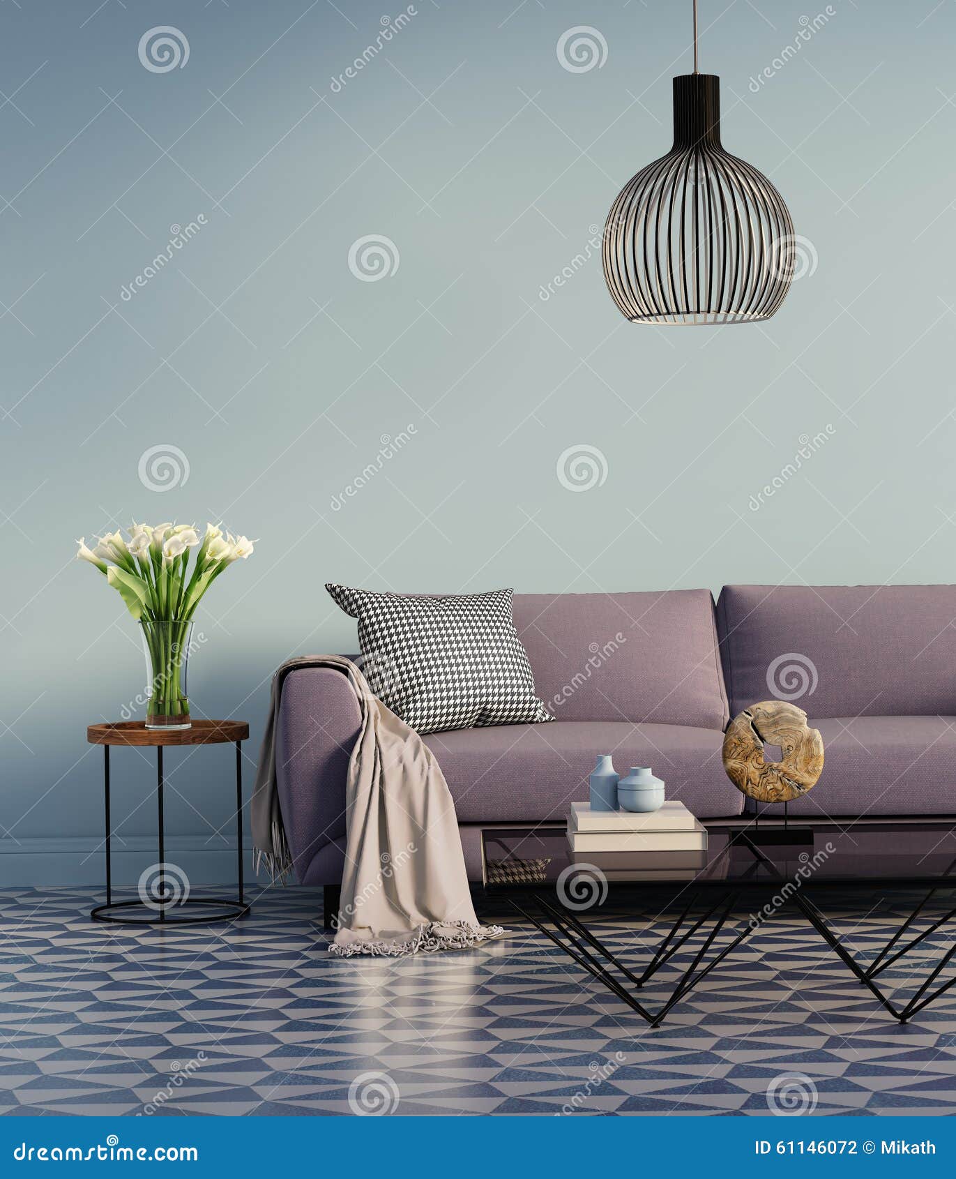 Blue Elegant Purple Sofa with a Side Table and Flowers Stock Photo