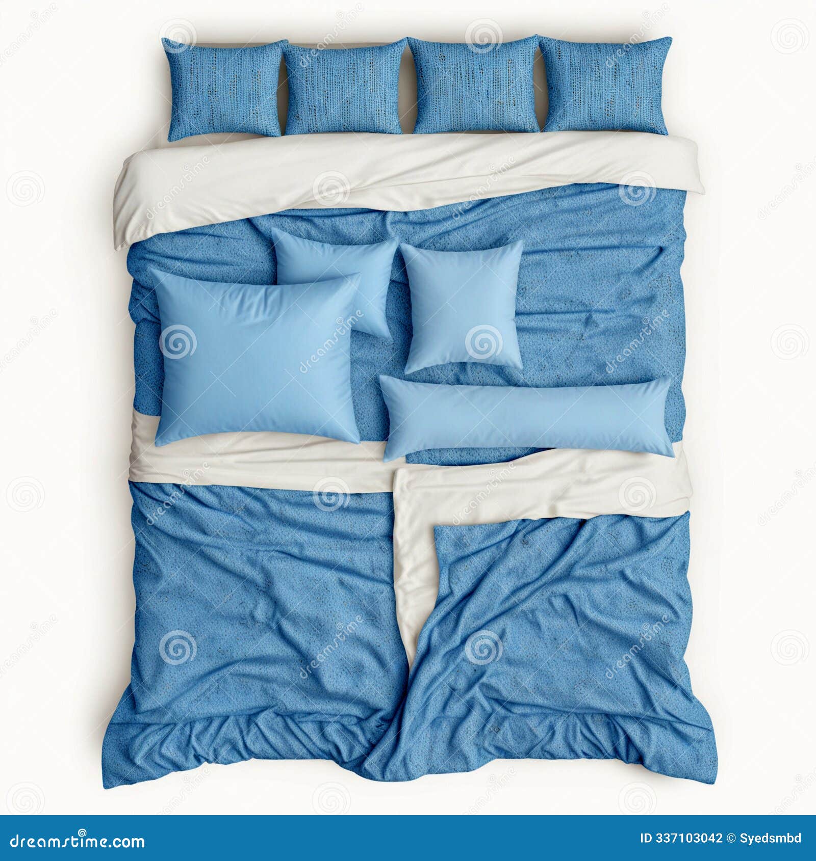blue empty blanket, pillows, comforter duvet bedding,  on white background