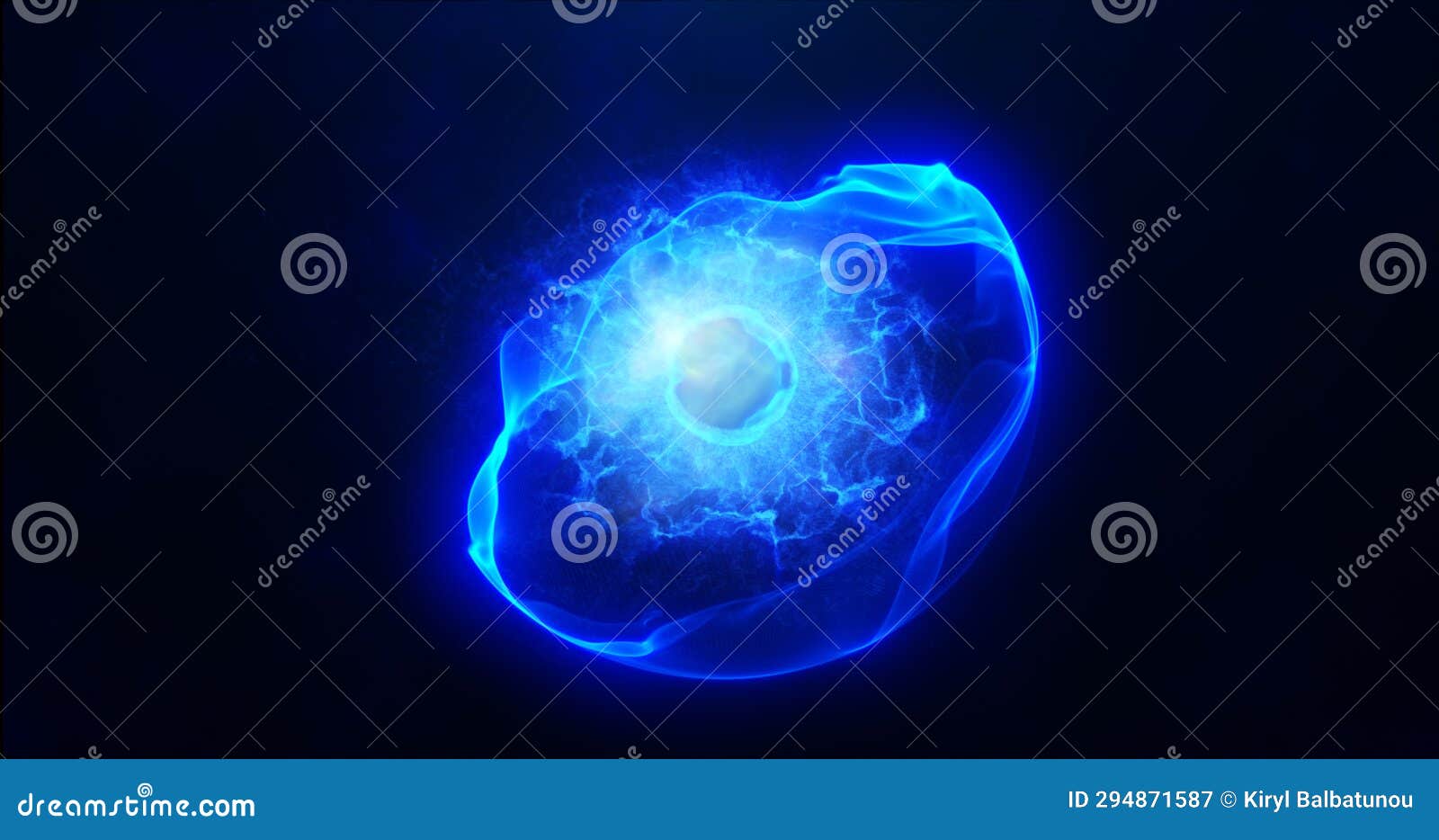 blue energy sphere with glowing bright particles, atom with electrons and elektric