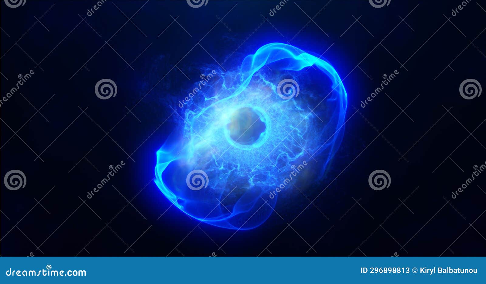 blue energy sphere with glowing bright particles, atom with electrons