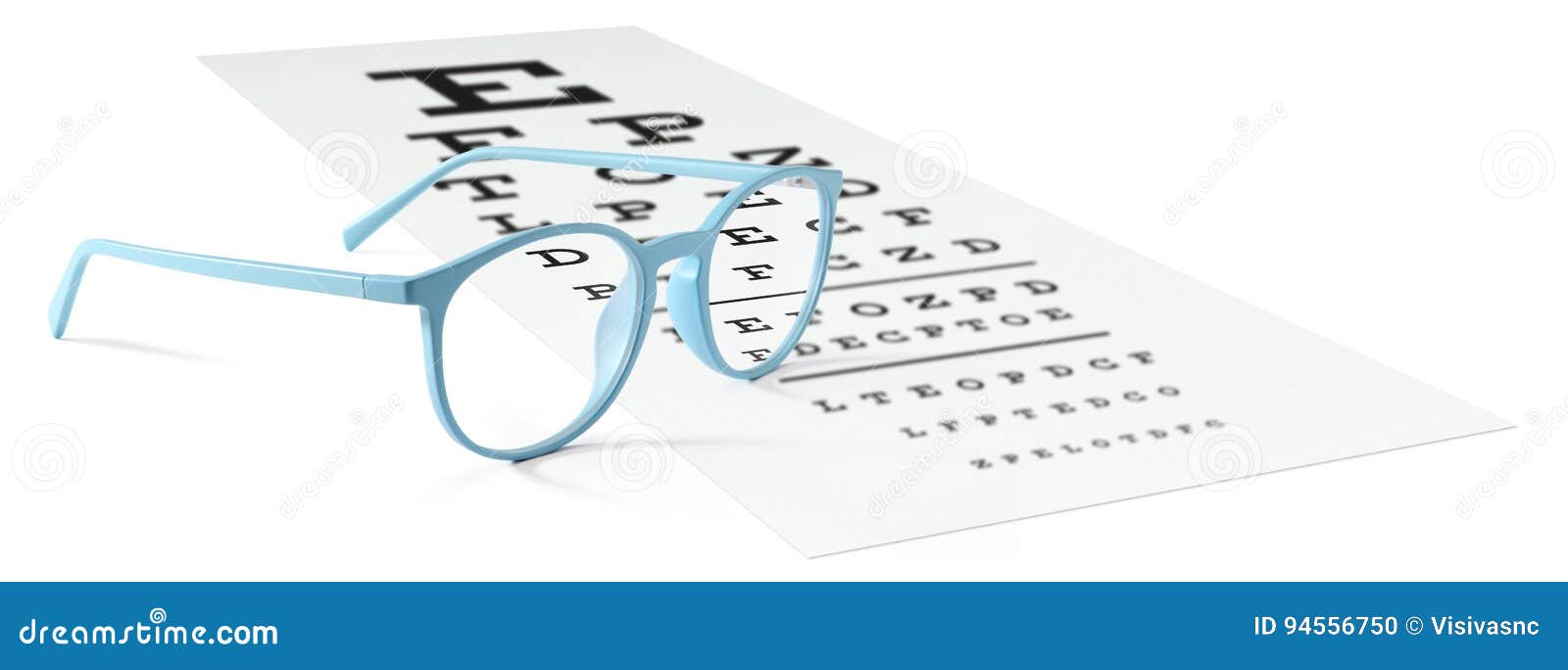 Blue Eyeglasses on Visual Test Chart Isolated on White. Eyesight Stock
