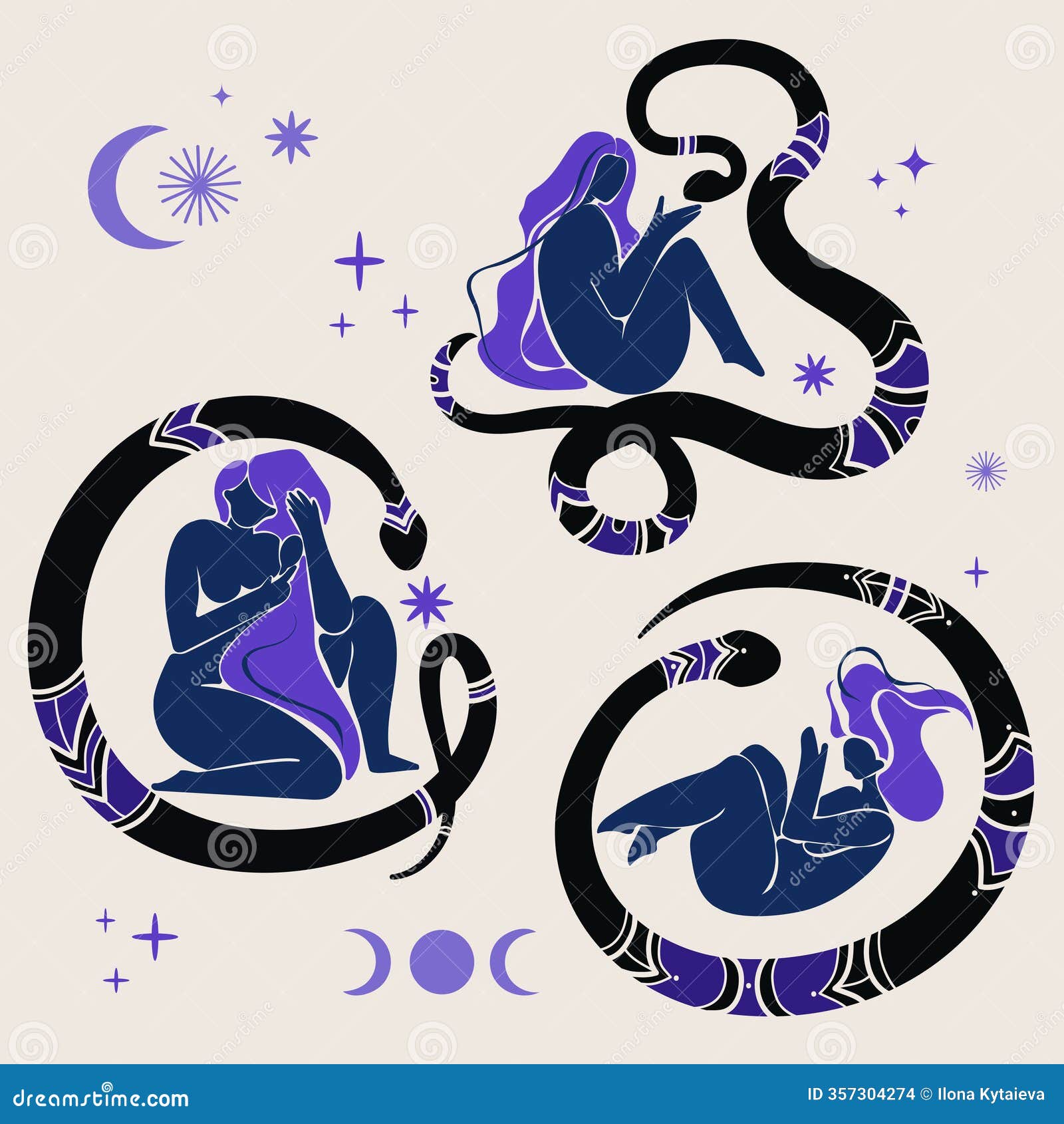 blue female figures intertwined with snakes.woman with lunar s.