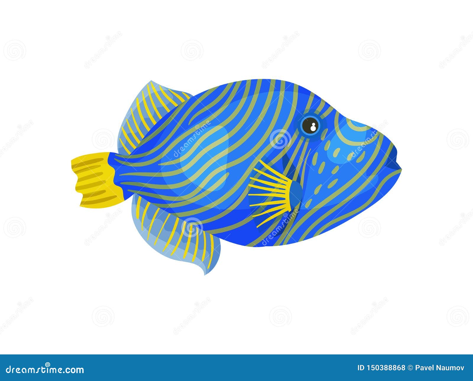 Blue Fish With Thin Yellow Stripes. Vector Illustration On White