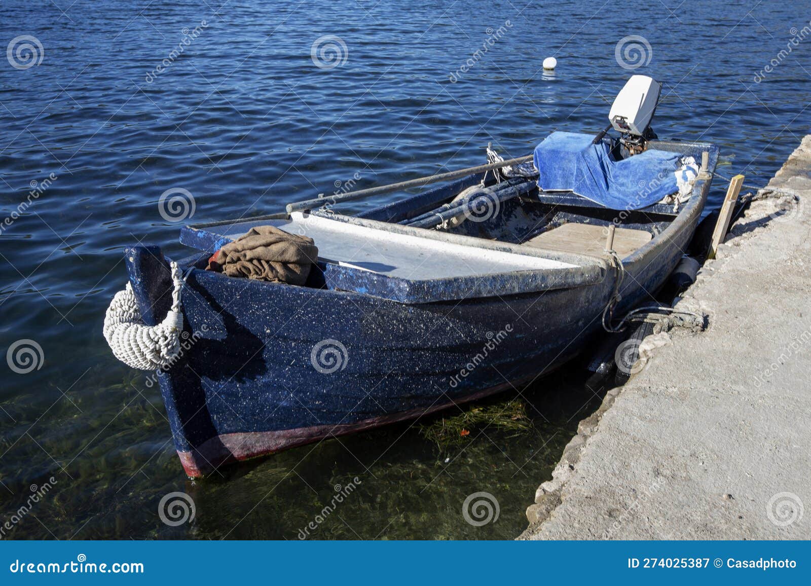 Blue Fishing Boat Over Dark Water and Aquatic Plants. Ston