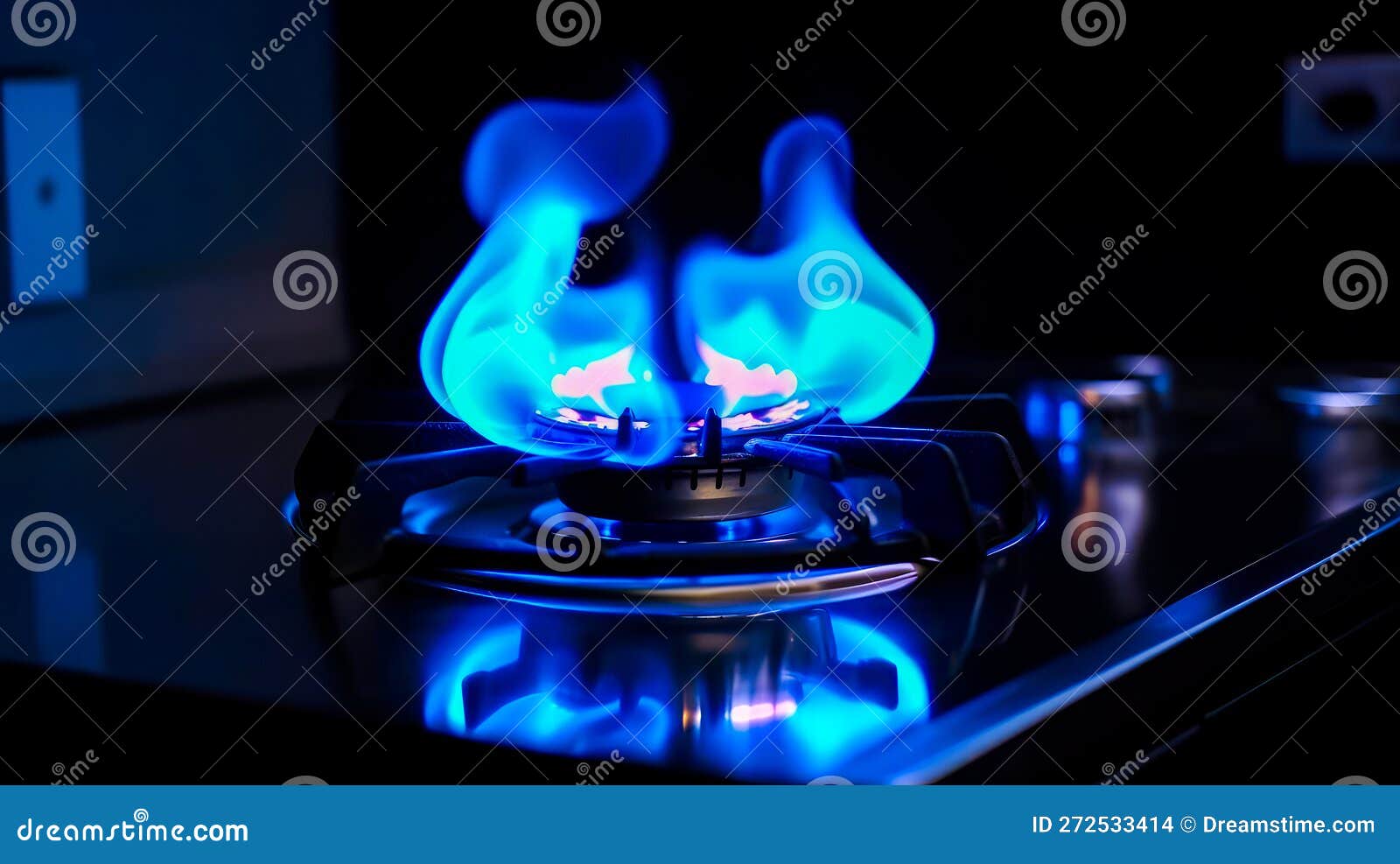 Blue Flame Burning on Stove Top. Generative AI Stock Illustration