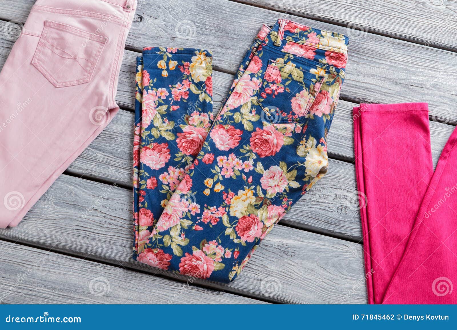 Blue floral print pants. stock photo. Image of beauty - 71845462