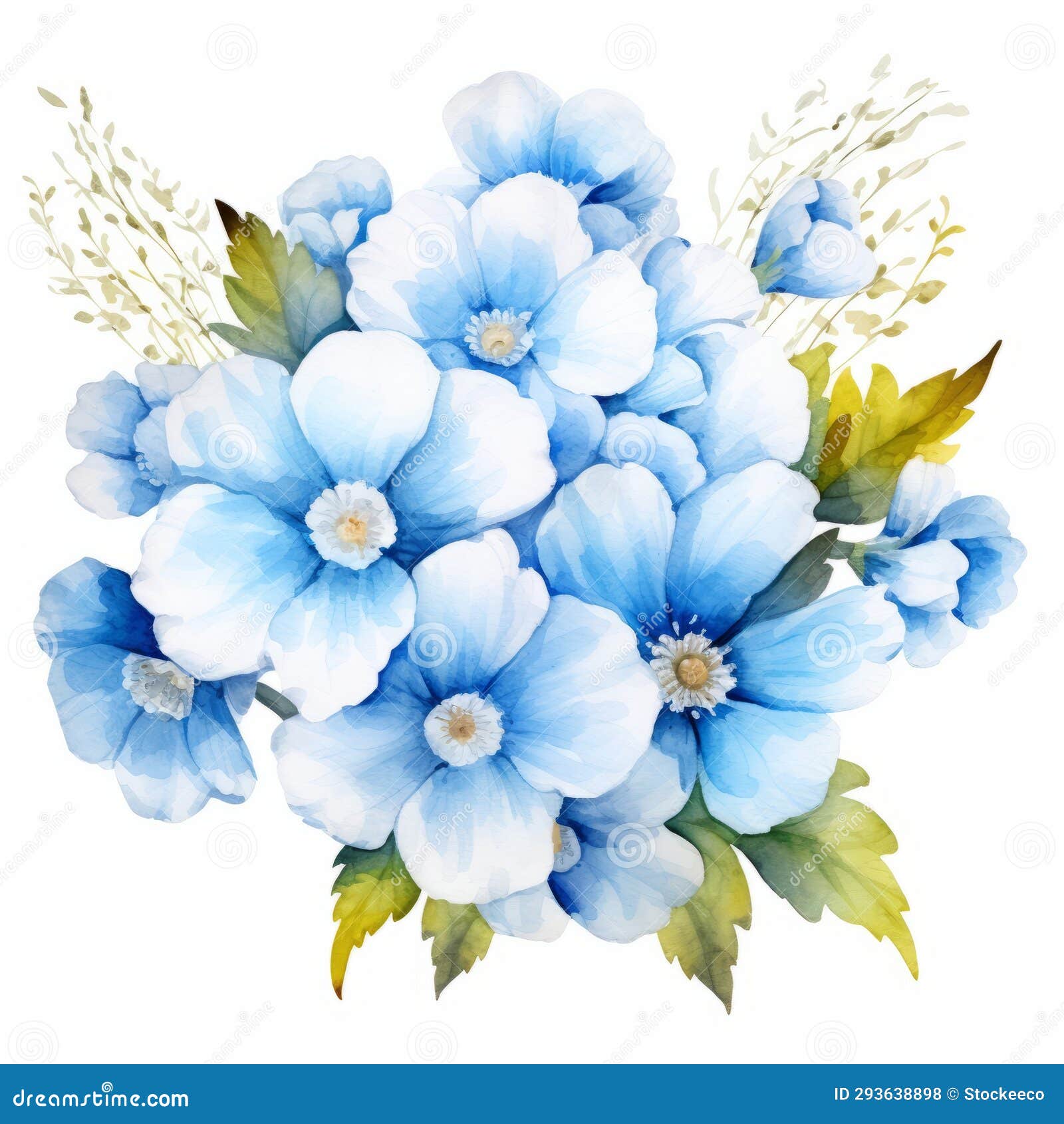 Watercolor Blue Flowers on White Background - Realistic and Stylized