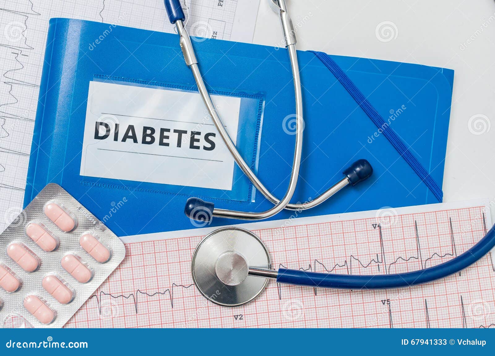 blue folder with diabetes diagnosis and stethoscope