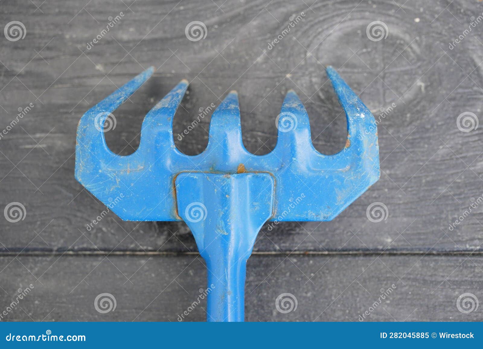 Blue Garden Pitchfork on a Wooden Floor Stock Image Image of