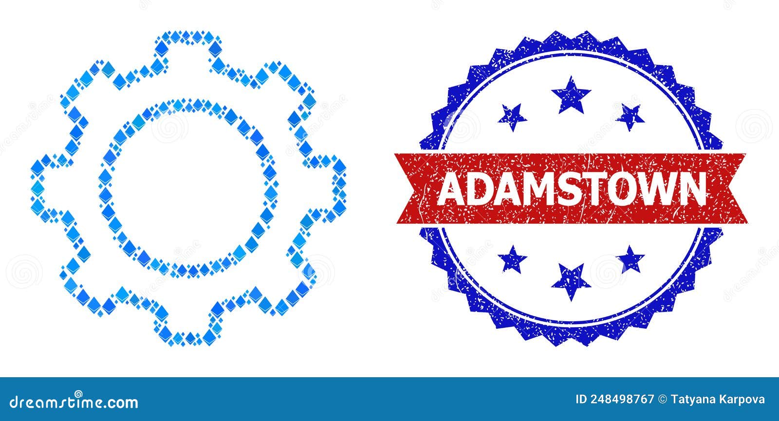 blue jevel composition contour gear icon and scratched bicolor adamstown stamp