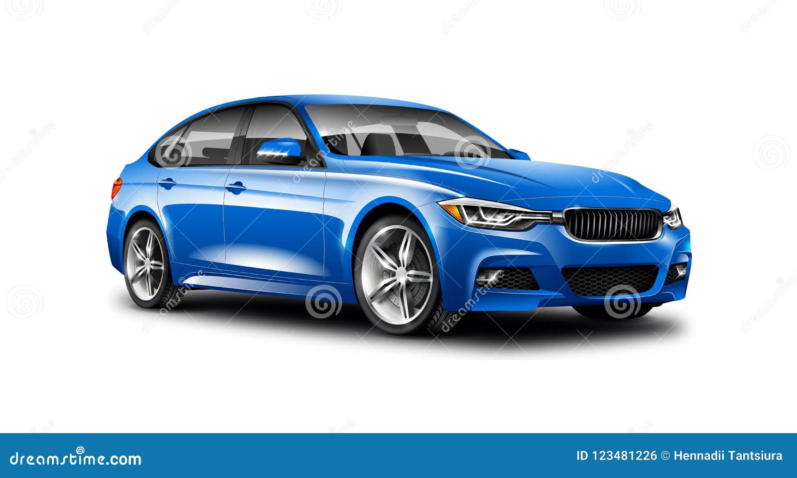 blue generic sedan car on white background with  path.