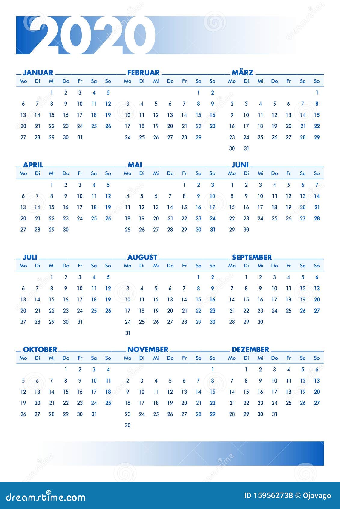 Blue 2020 German Calendar. Printable Portrait Version Stock Vector