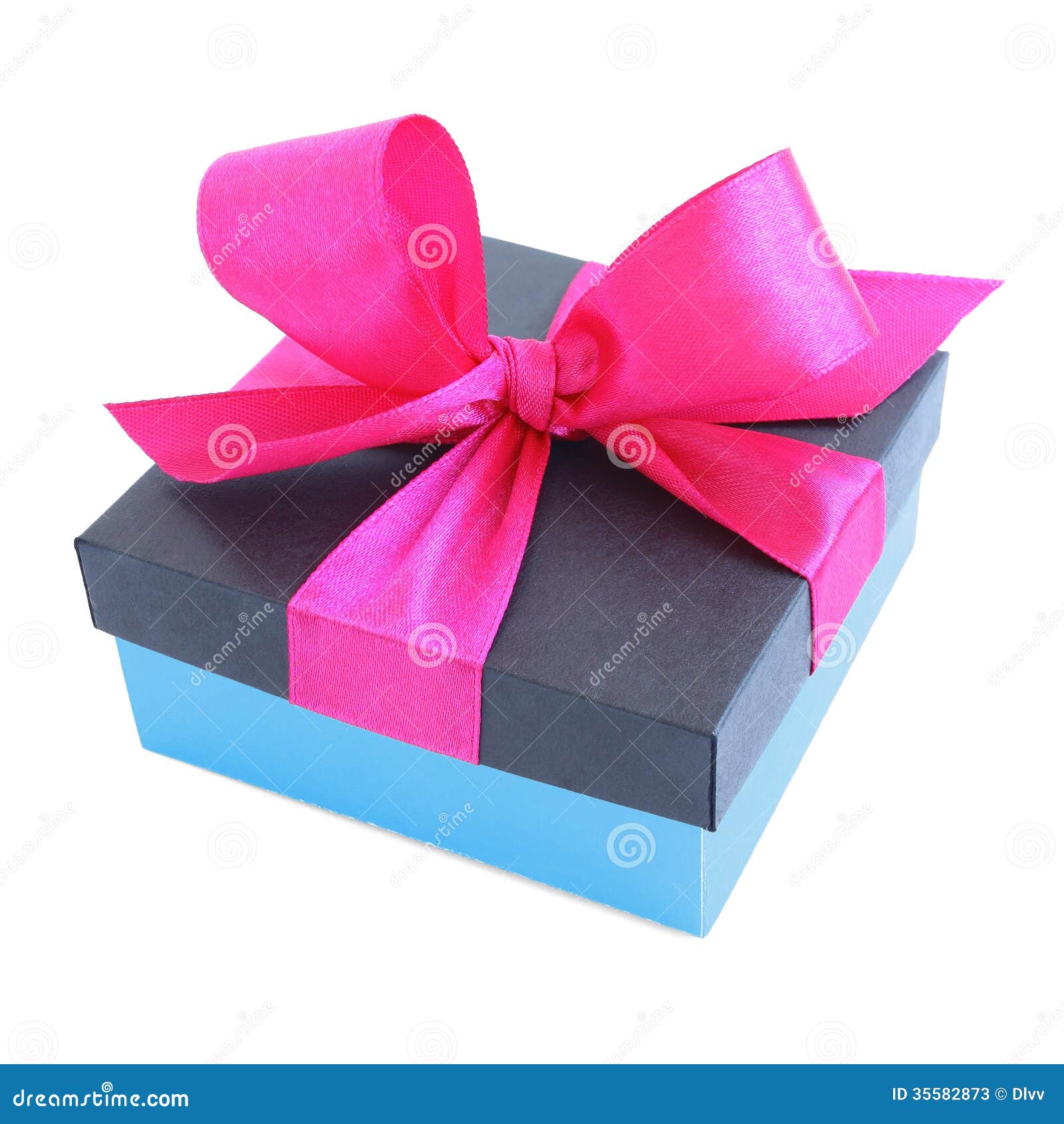 Blue Gift Box with Pink Satin Ribbon Bow Stock Image Image of