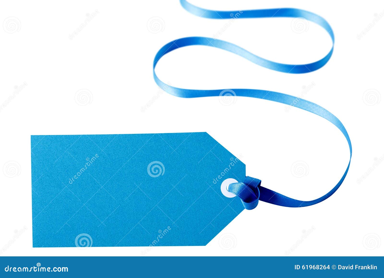 Blue Gift Tag Or Label With Long Curly Ribbon Isolated On White Backg