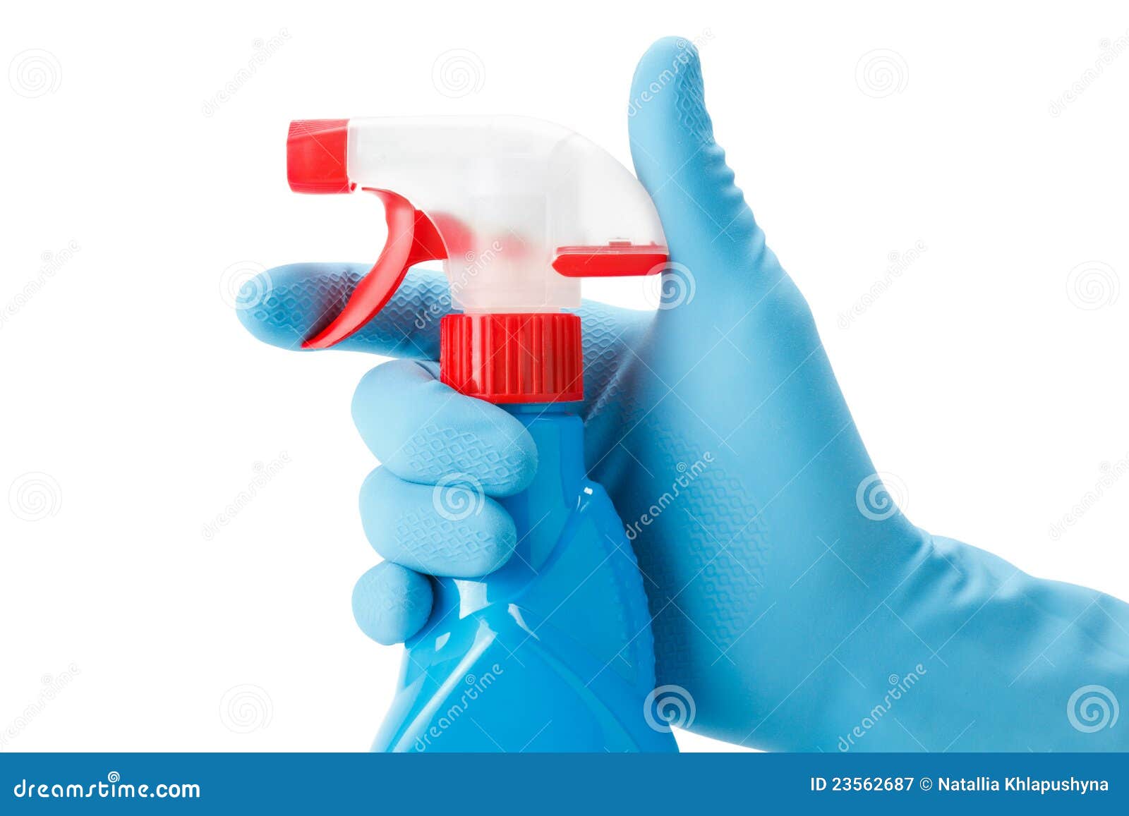blue gloved hand with cleaning spray bottle