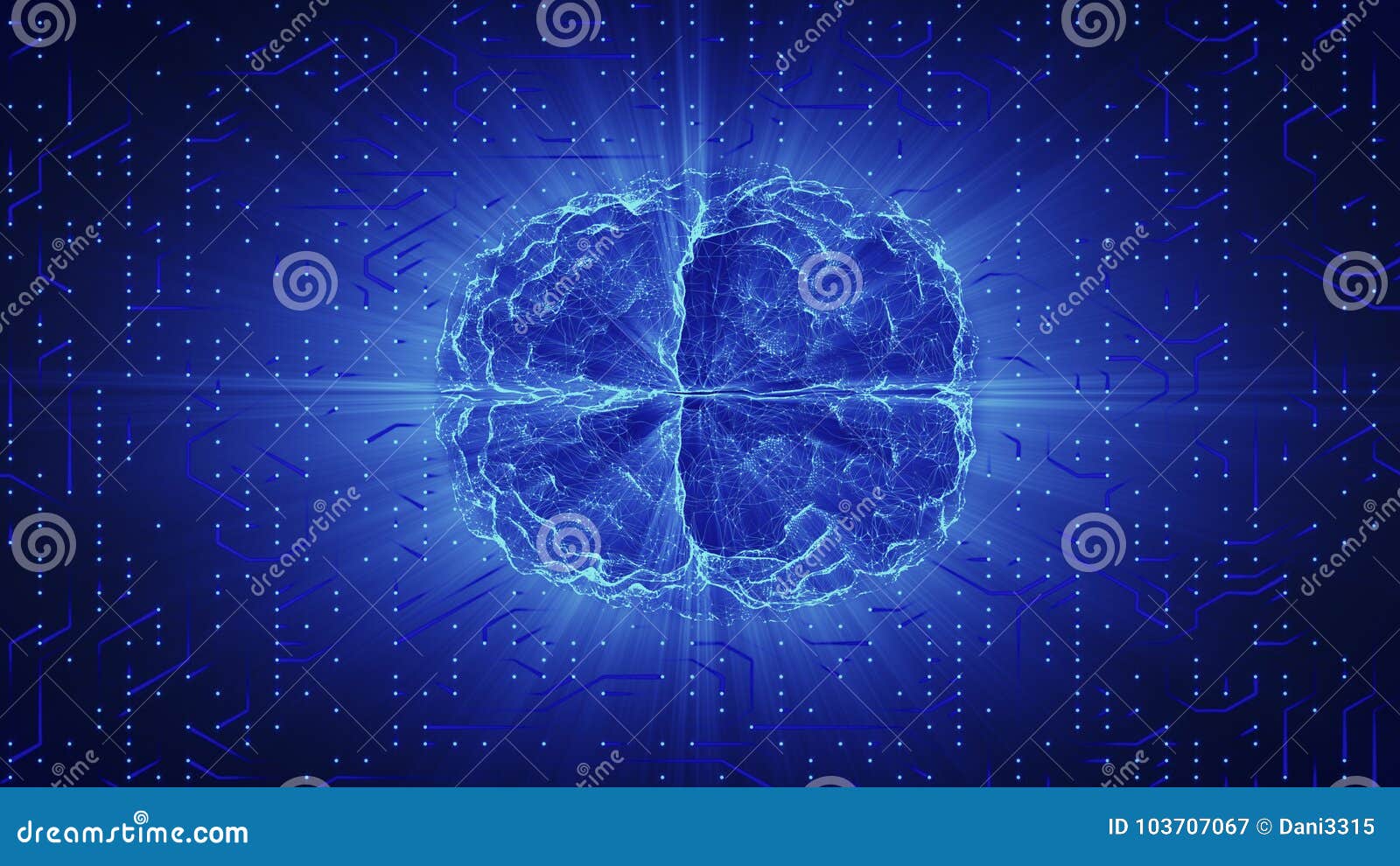 blue glowing brain wired on neural surface or electronic conductors.