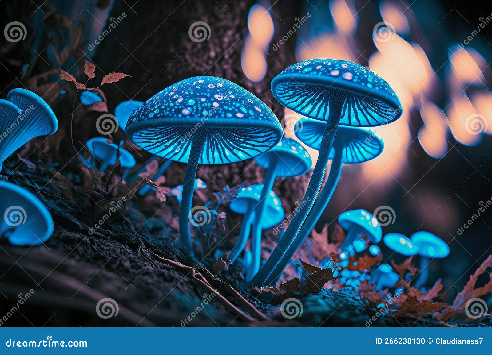 Blue Glowing Mushrooms in a Forest, Ai Generated Illustration Stock Illustration Illustration