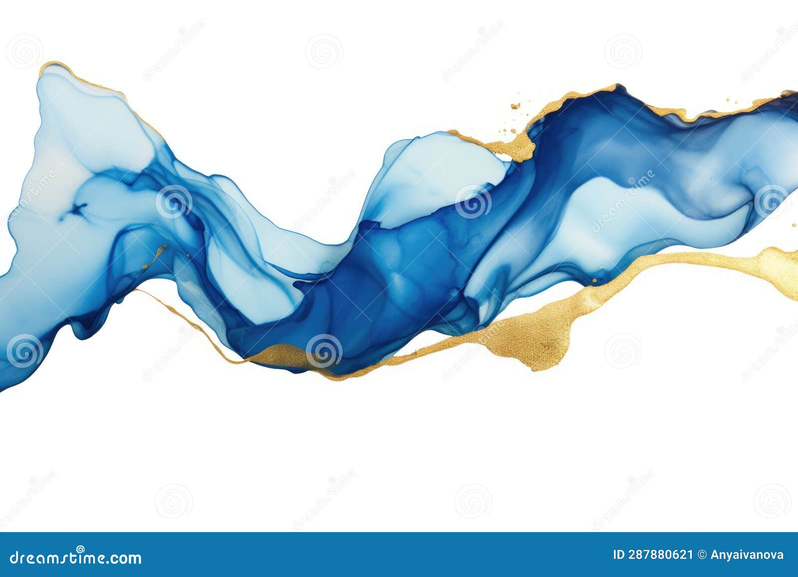 A Blue and Gold Abstract Painting on a White Background. Stock