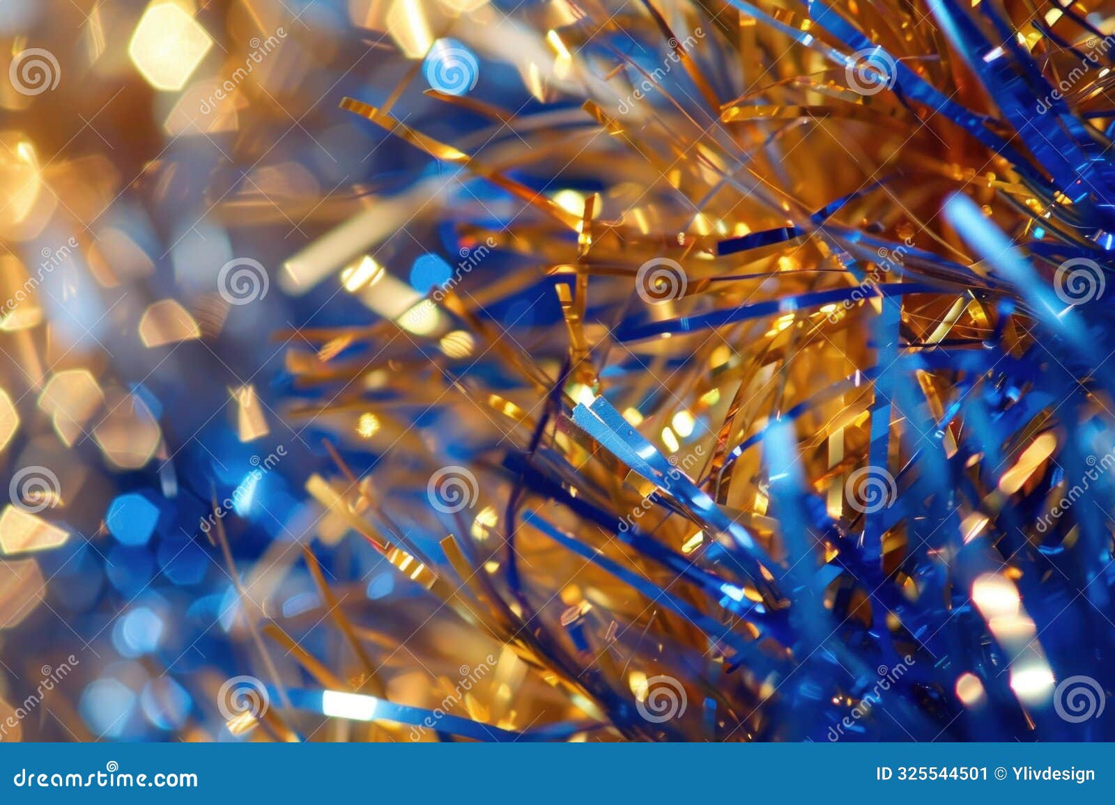 abstract blue and gold christmas tinsel background with sparkling lights