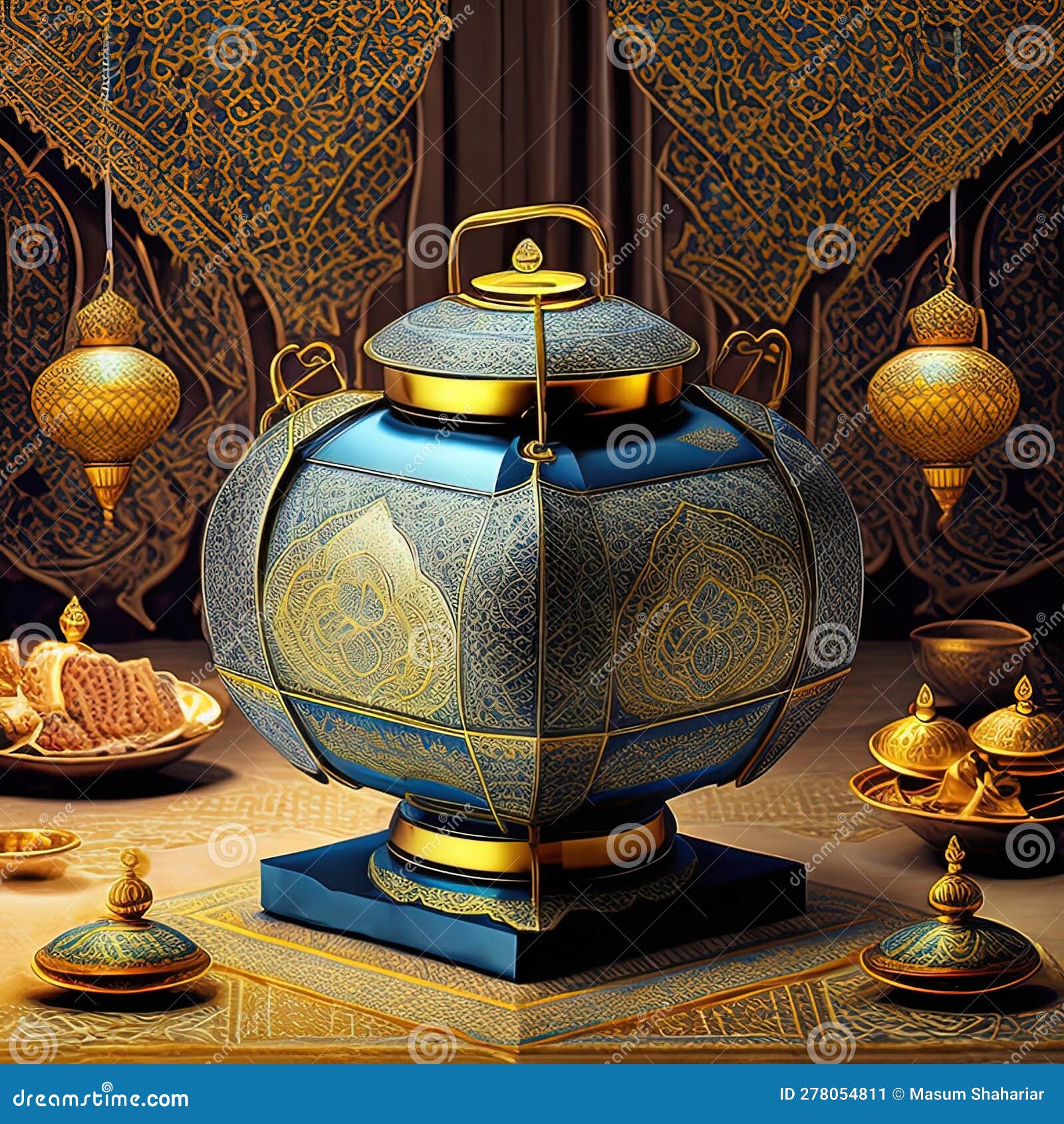 A Blue and Gold Vase with a Gold Lid Stock Image Image of islamic