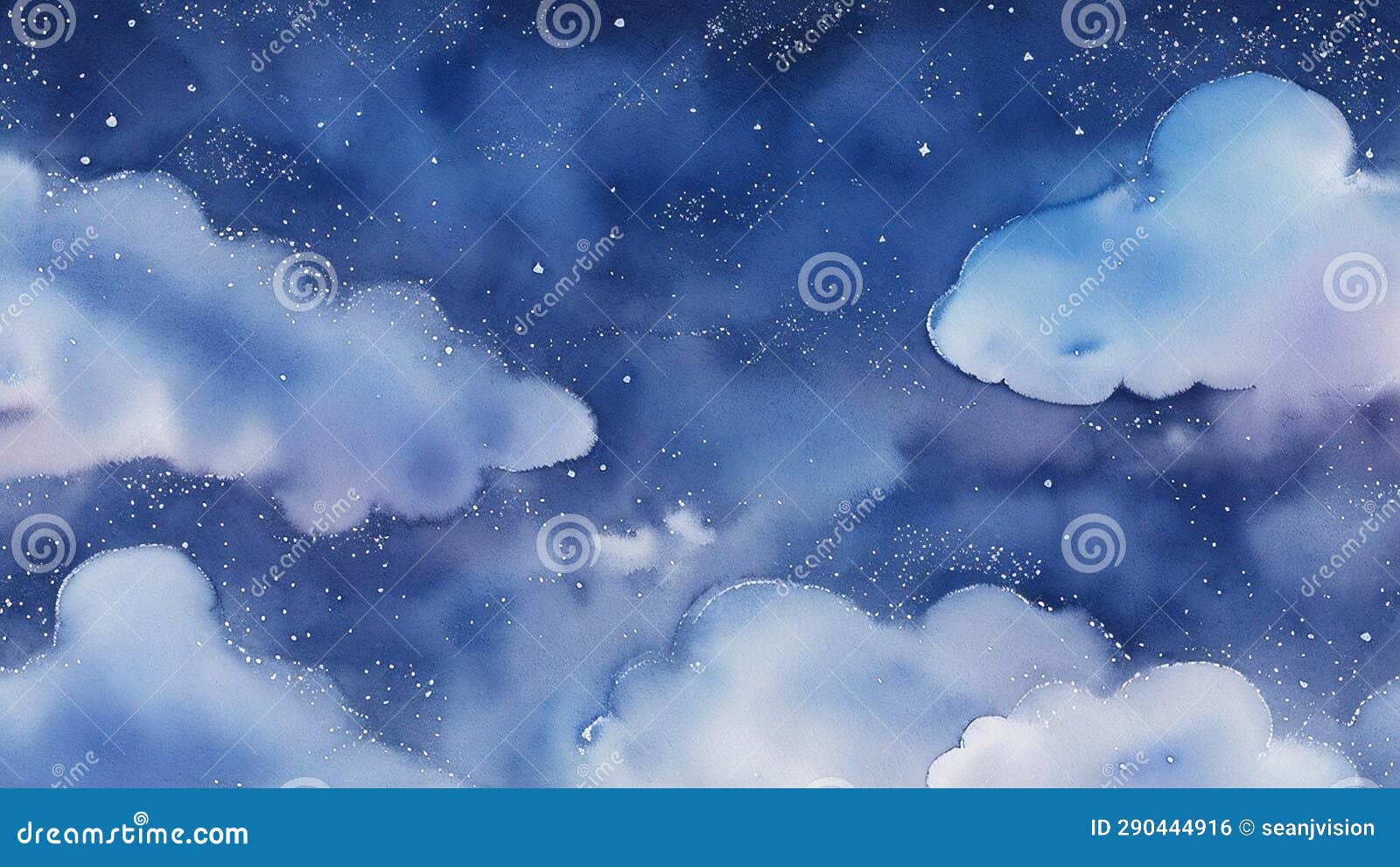 Blue Gradient Watercolor Illustration of a Night Sky with Clouds and ...
