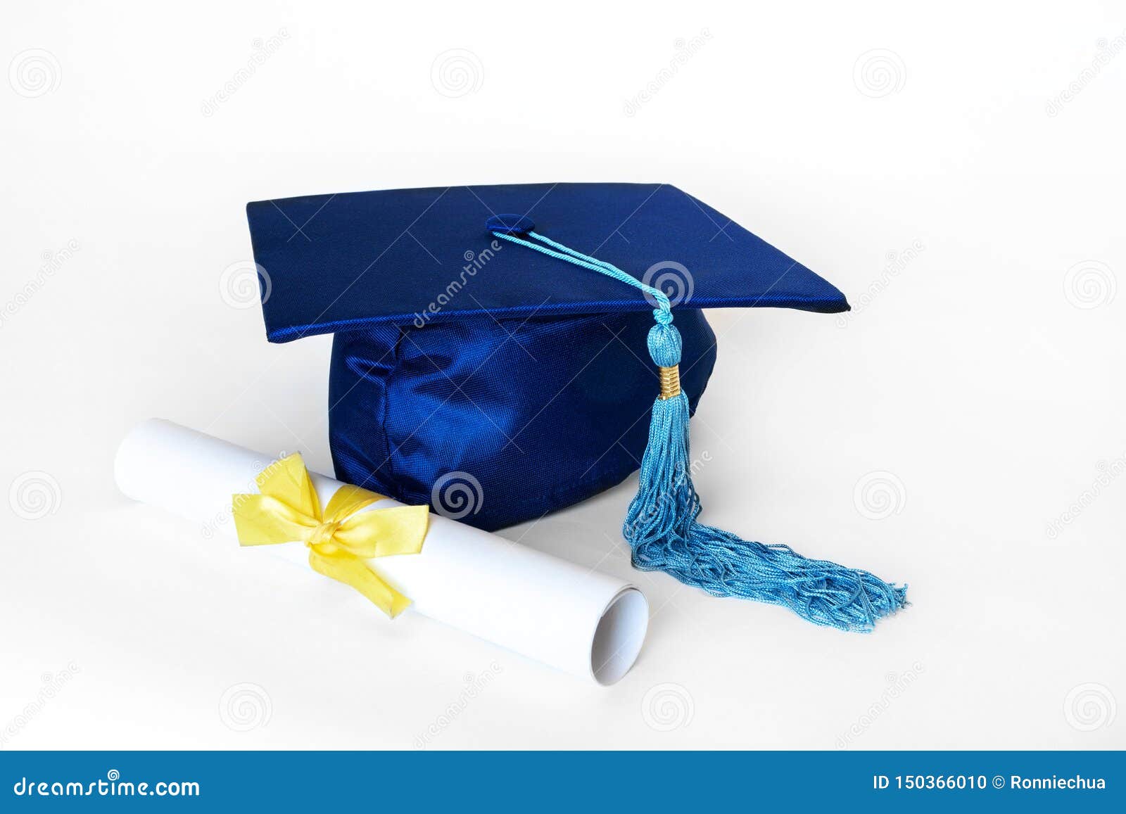 Blue Graduation Cap With Diploma Isolated On White Background Stock