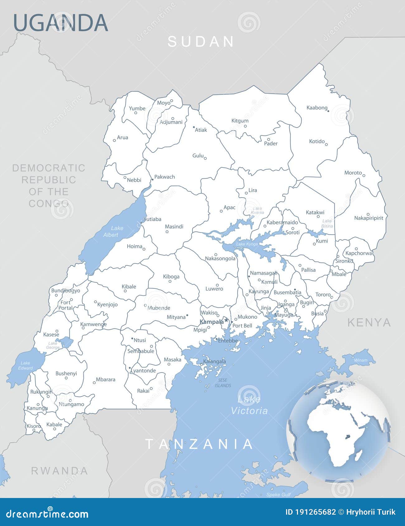 Blue-gray Detailed Map of Uganda and Administrative Divisions and ...