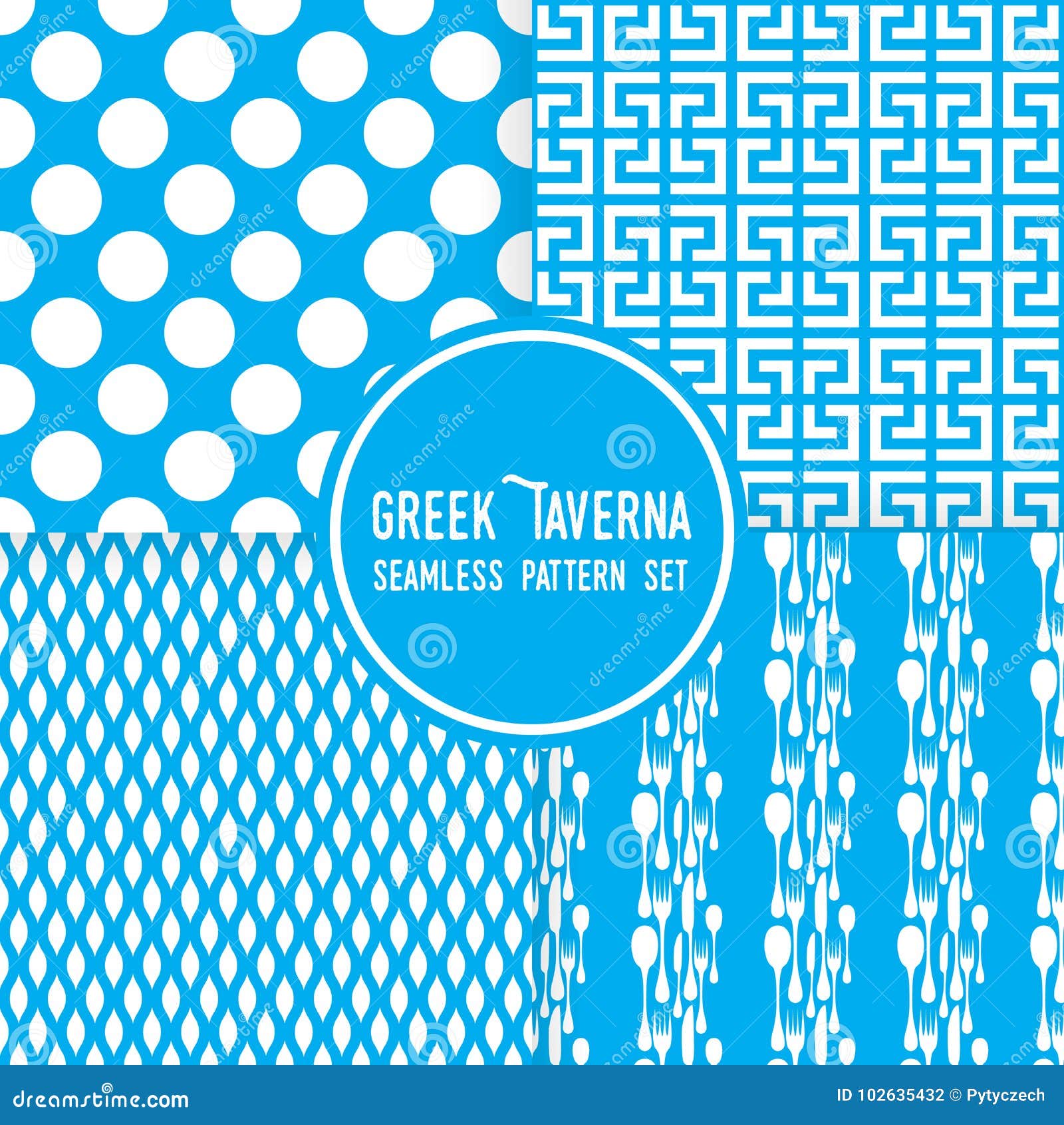 Blue Greek Tavern Theme. Ornaments, Dots And Cutlery Shapes. Seamless