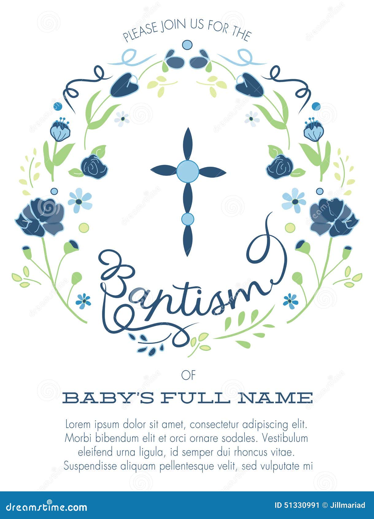 Blue and Green Boy S Baptism/Christening Invitation with Cross Design