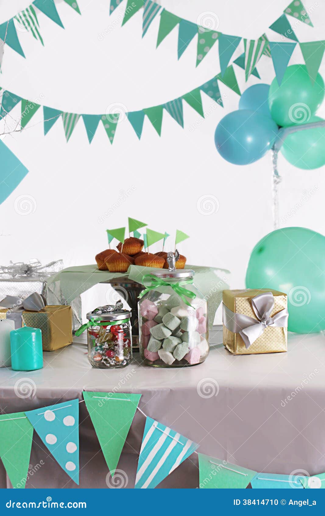 Blue and Green Colored Birthday Party Table Stock Photo Image of