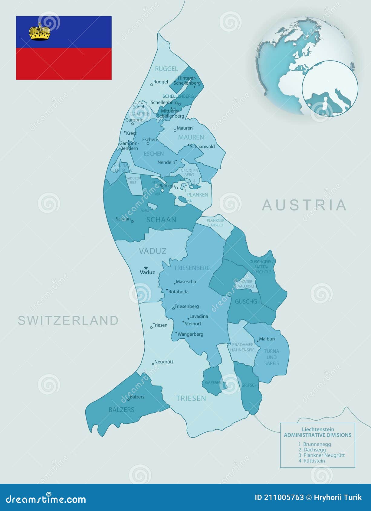Blue-green Detailed Map of Liechtenstein Administrative Divisions with