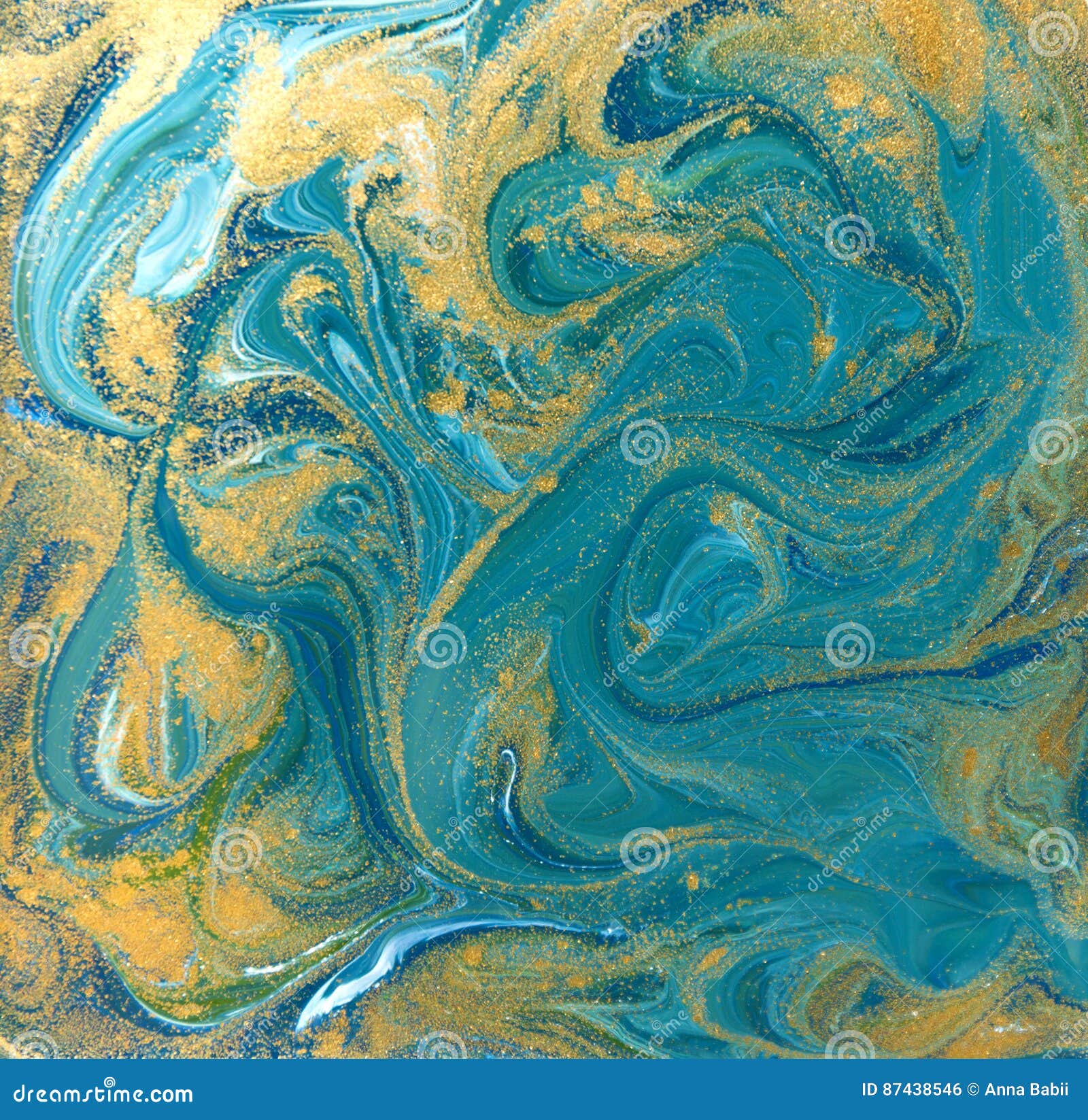 Blue, Green and Gold Liquid Texture. Hand Drawn Marbling Background. Ink Marble Abstract Pattern