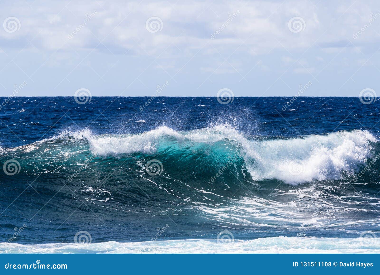 Blue-green Wave Breaking on Hawaii`s Big Island. Foam on Top; Deep ...