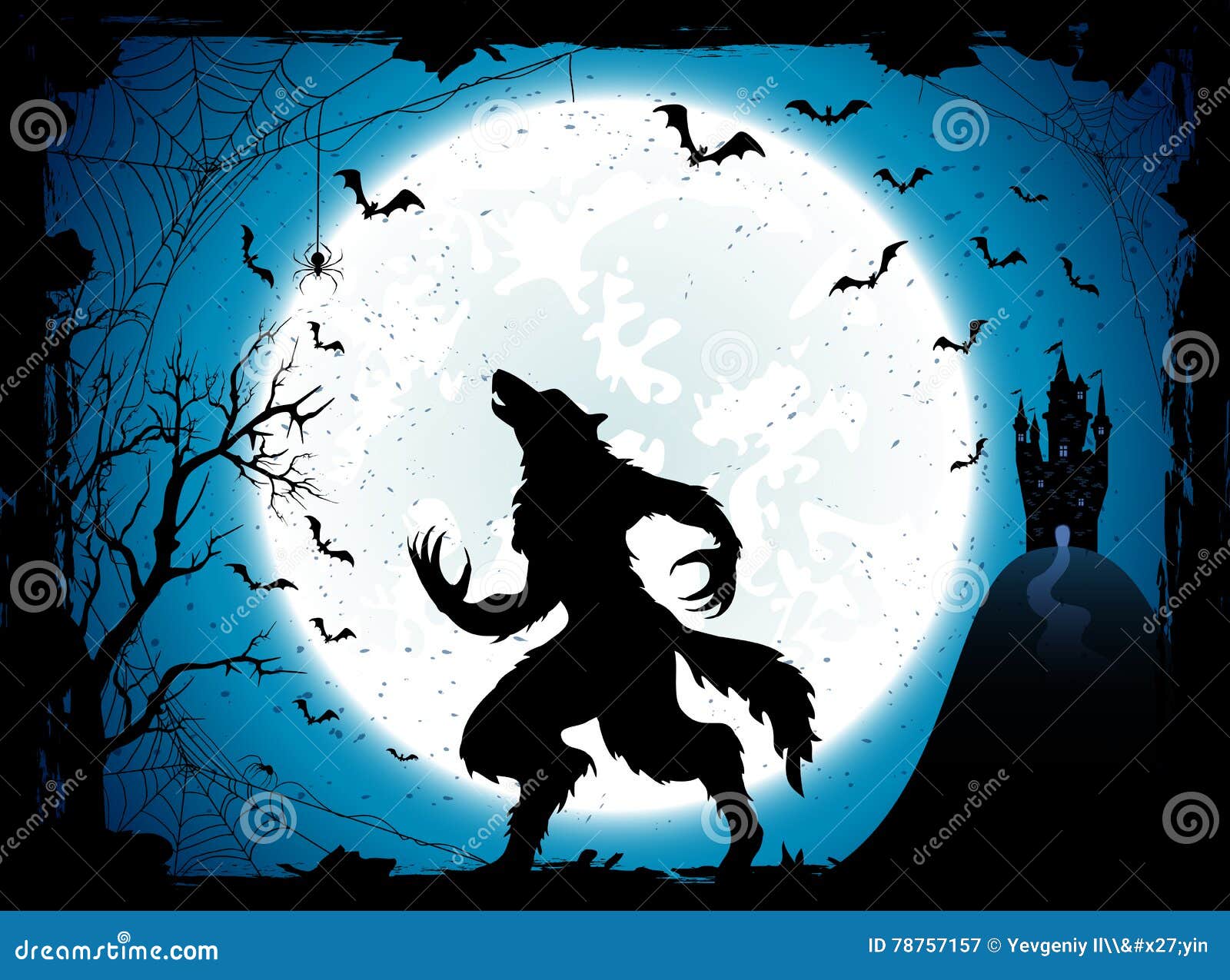 blue halloween background with castle and werewolf