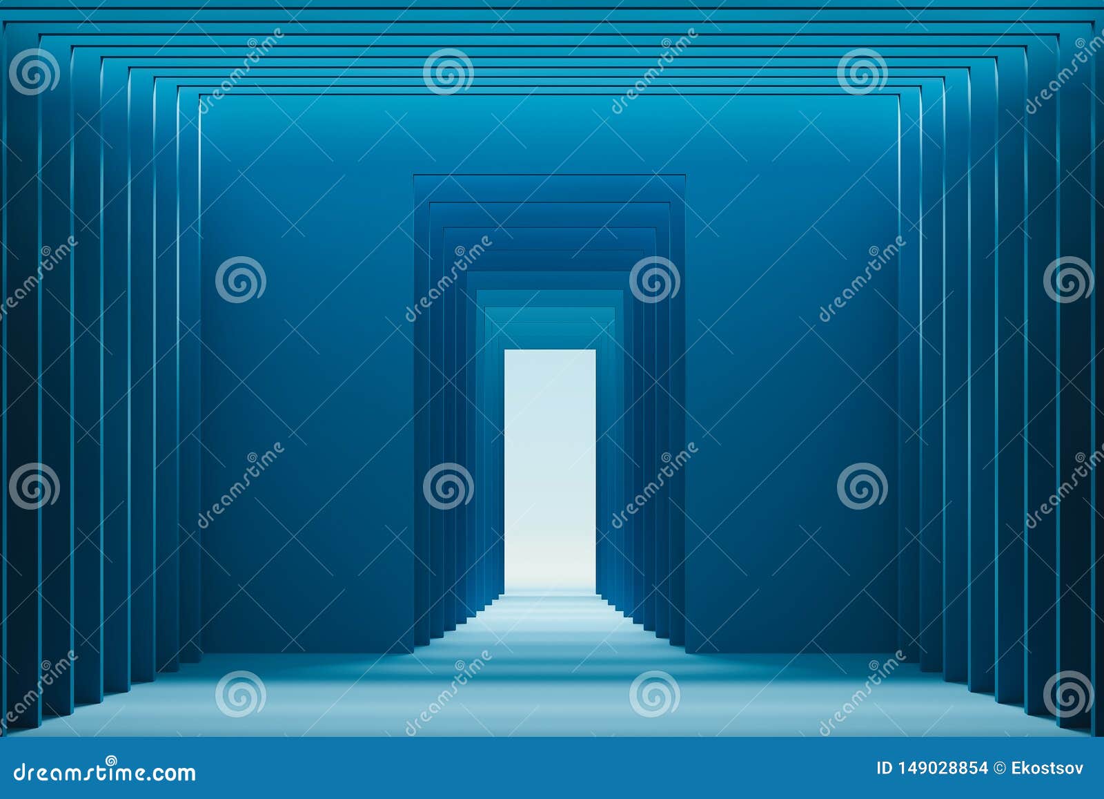 Blue Hallway with Geometric Abstract Walls and Bright Light Ahead. 3d