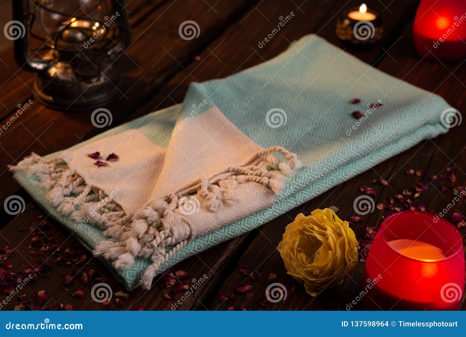 Blue Handwoven Hammam Turkish Cotton Towel on Dark Wooden Background ...