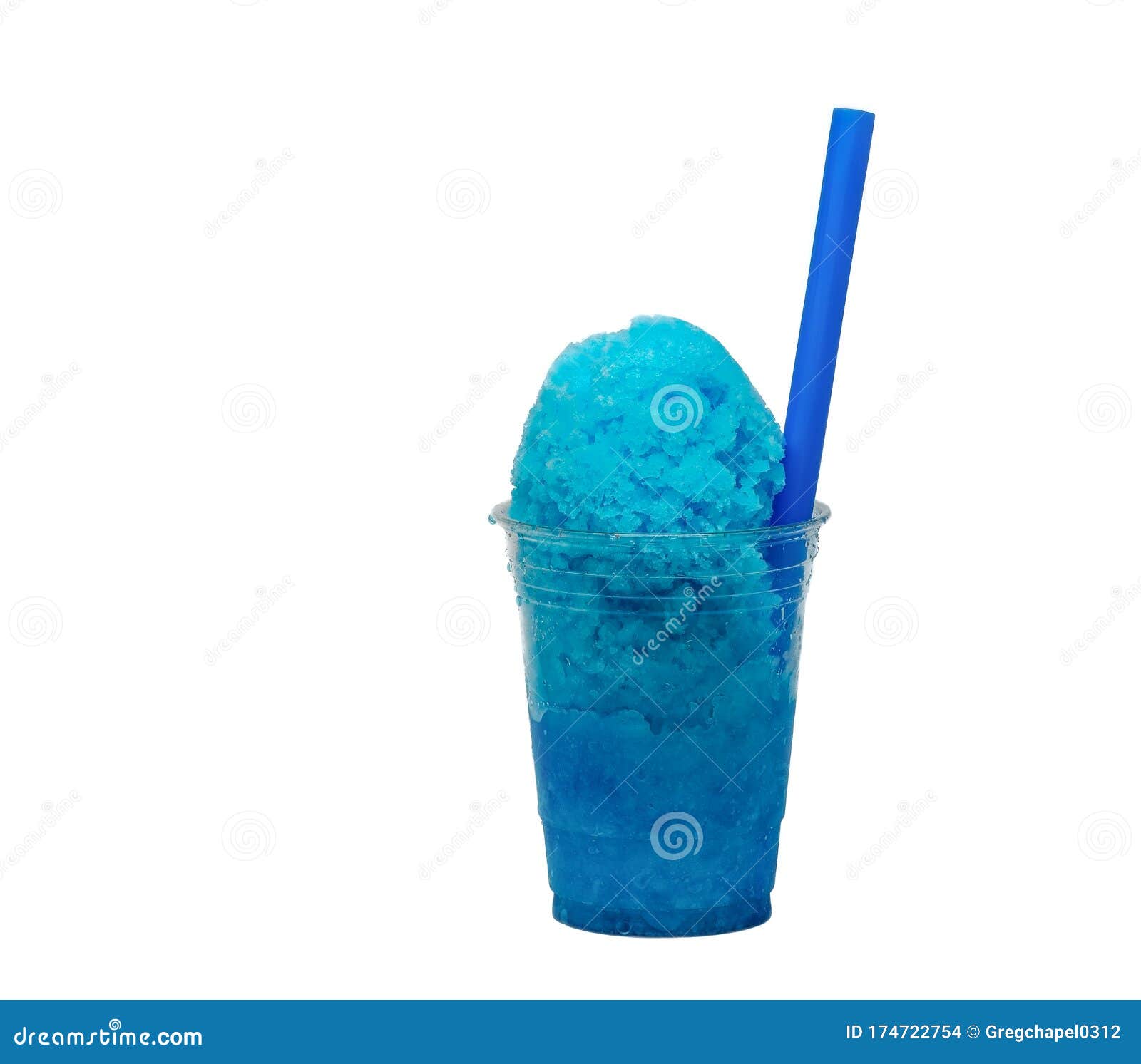 blue hawaiian shave ice, shaved ice or snow cone dessert with a blue straw.
