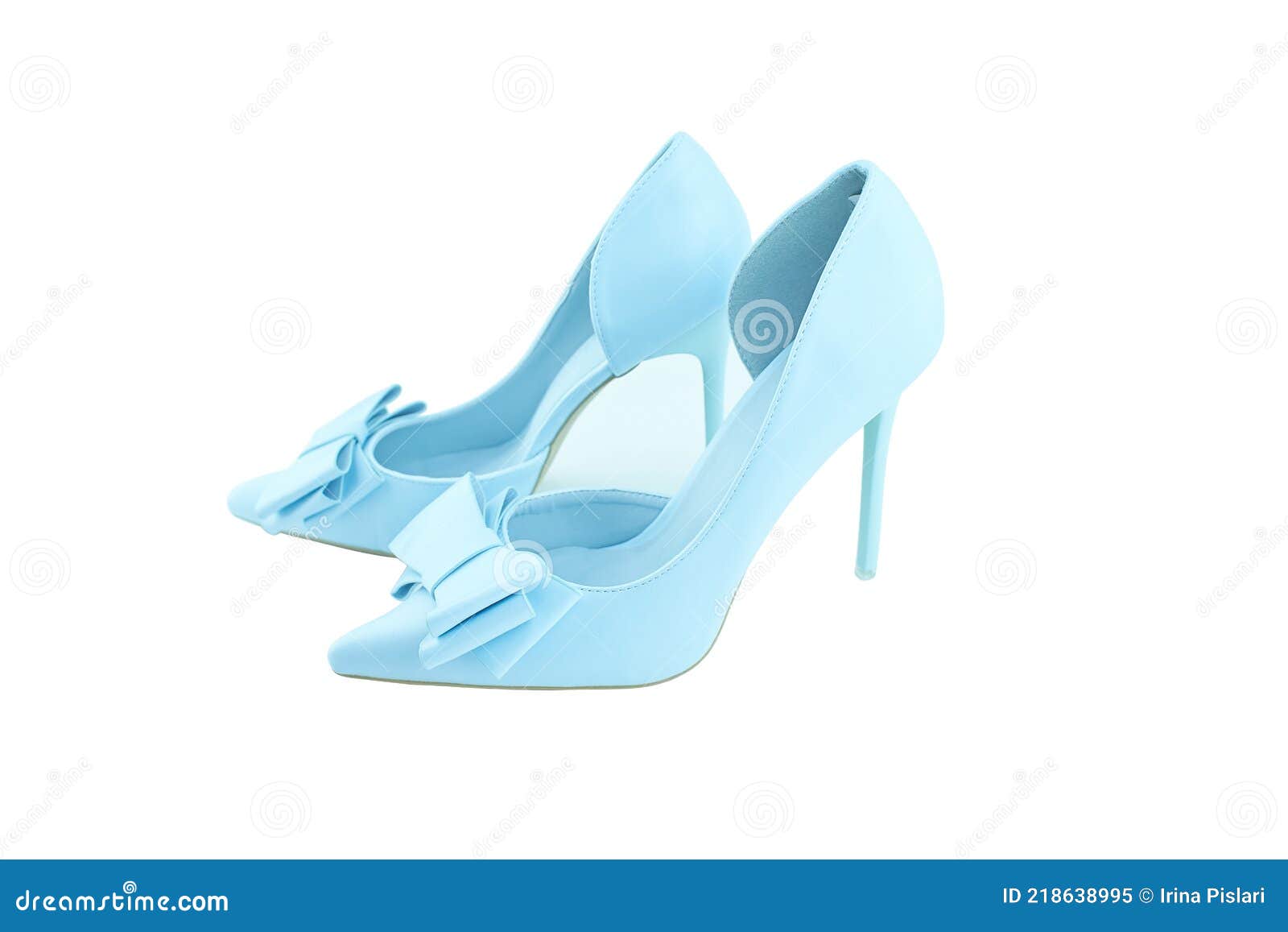 Blue High Heels with Bow in Front on White Background. Stock Image Image of closeup