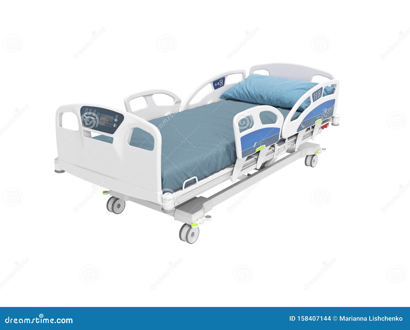 Blue Hospital Bed with Lifting Mechanism on an Autonomous Control Panel